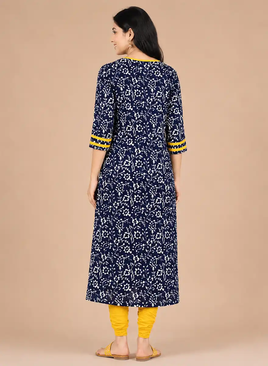 Navy Blue Floral Printed Straight Kurti - Image 3