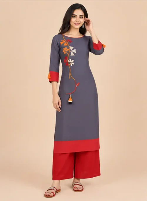 Floral Embroidered Straight Kurti with Tassel