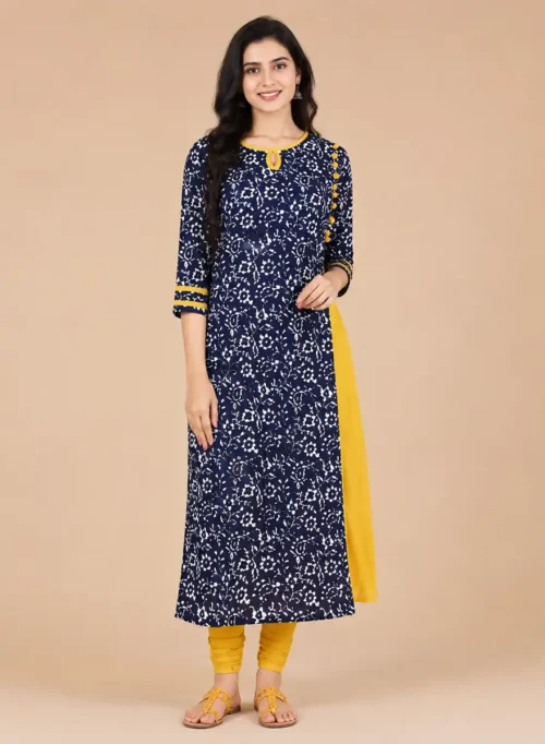 Navy Blue Floral Printed Straight Kurti