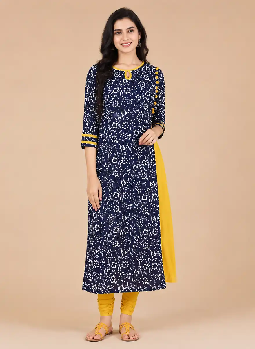 Navy Blue Floral Printed Straight Kurti