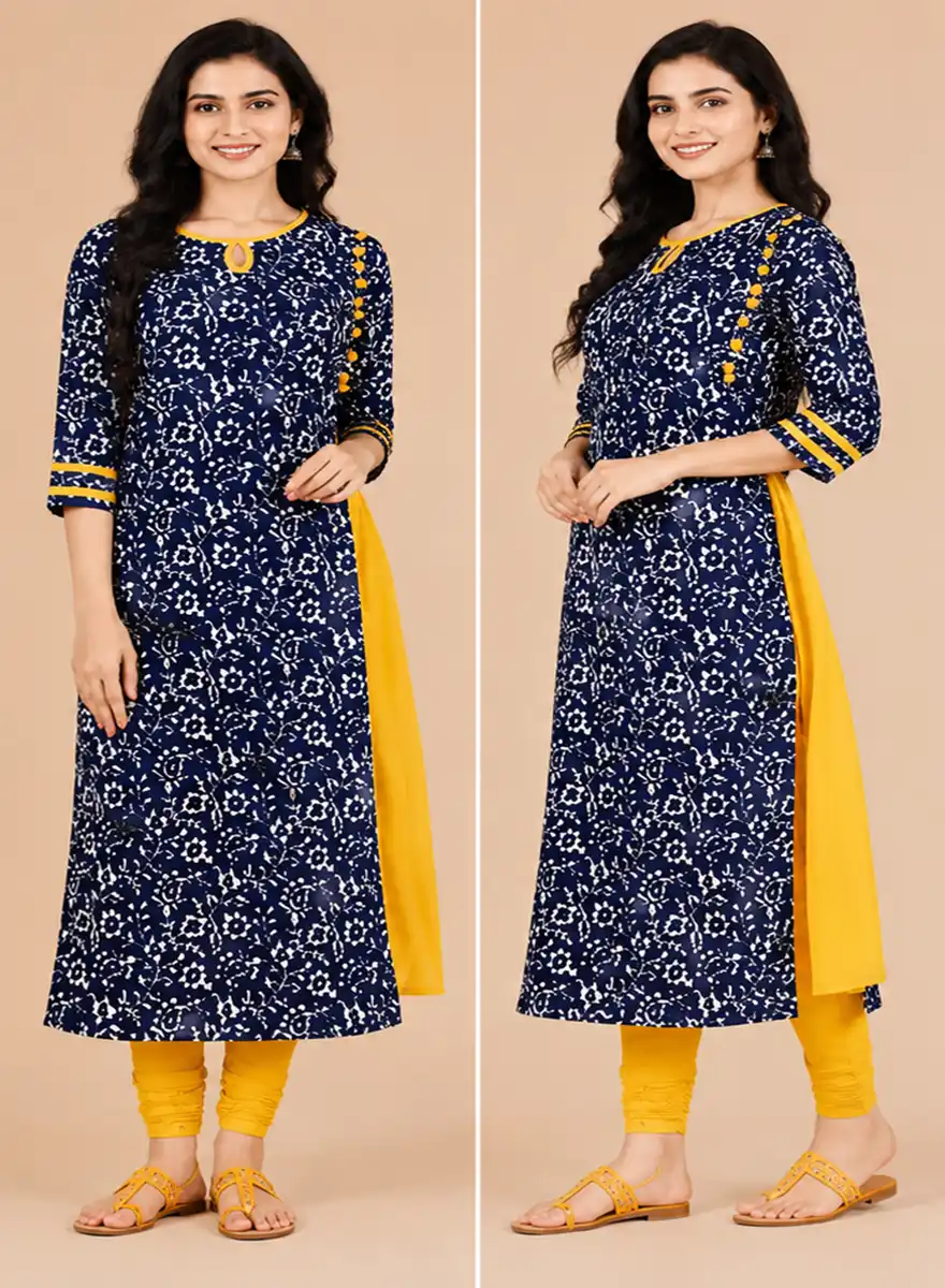 Navy Blue Floral Printed Straight Kurti - Image 2