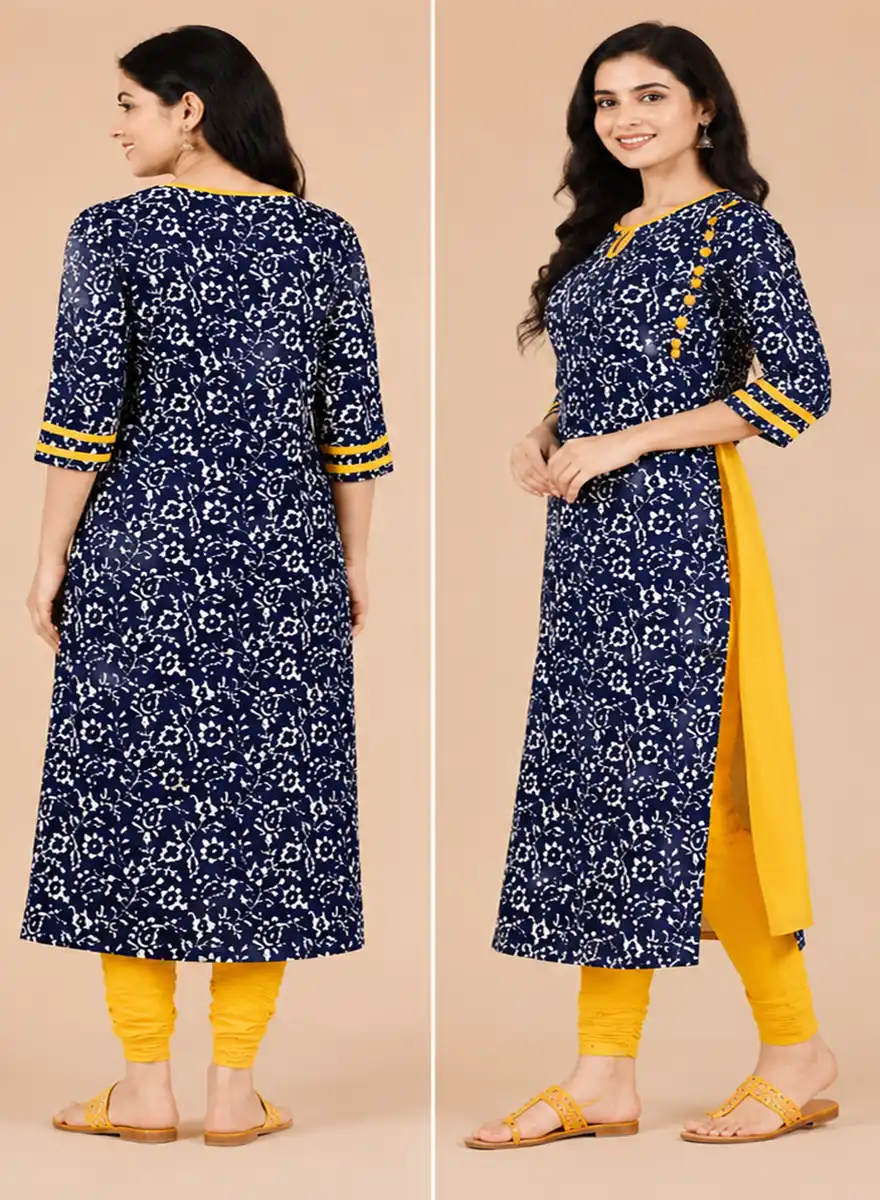 Navy Blue Floral Printed Straight Kurti - Image 4