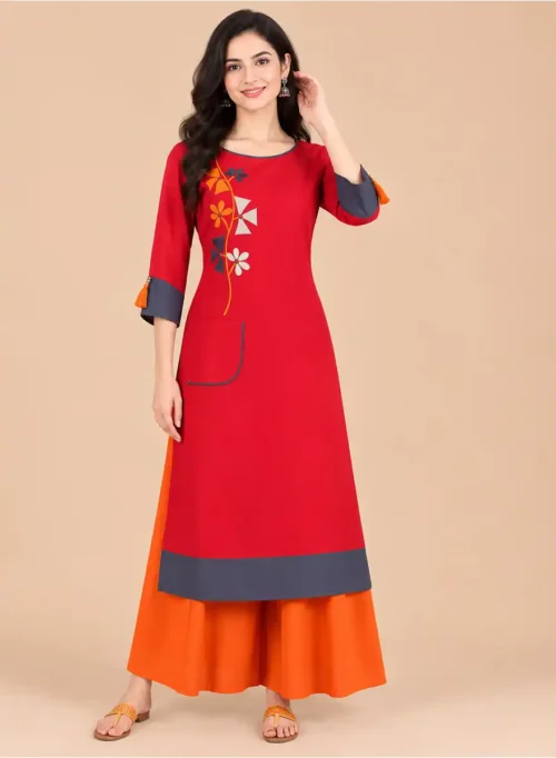 Red Floral Printed Straight Kurti