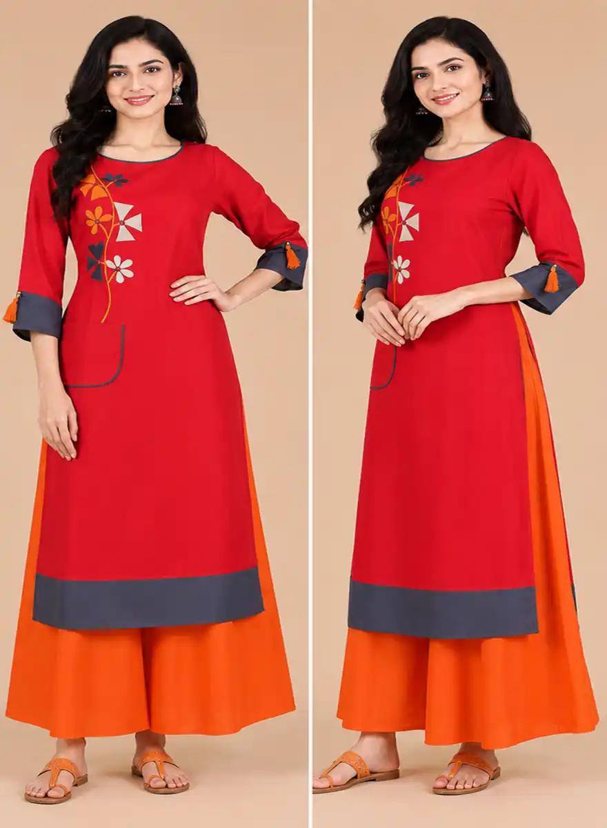 Red Floral Printed Straight Kurti - Image 2