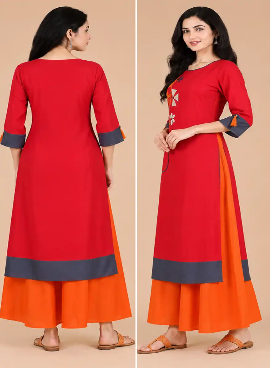 Red Floral Printed Straight Kurti - Image 4