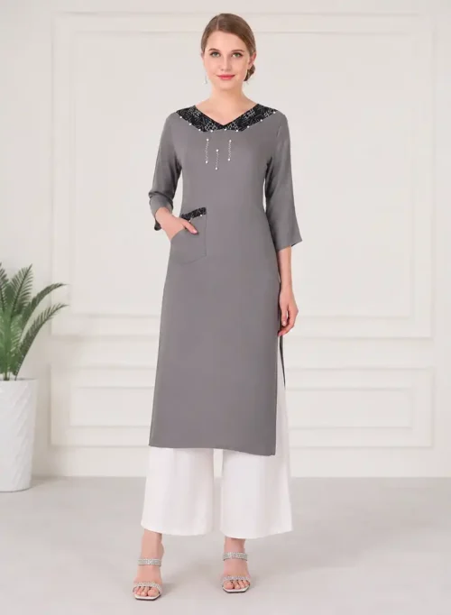 Elegant Grey Straight Kurti with Black Embellished V-Neckline