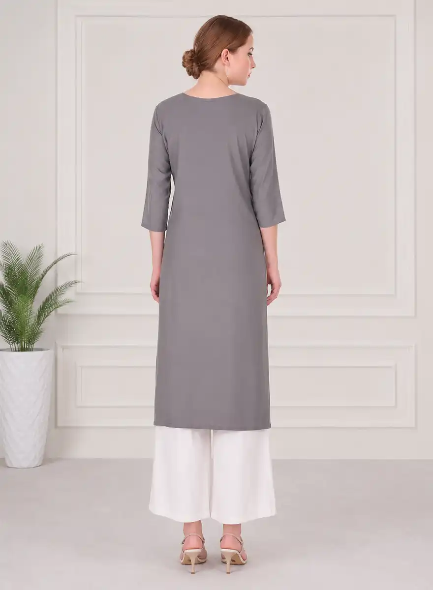Elegant Grey Straight Kurti with Black Embellished V-Neckline - Image 4