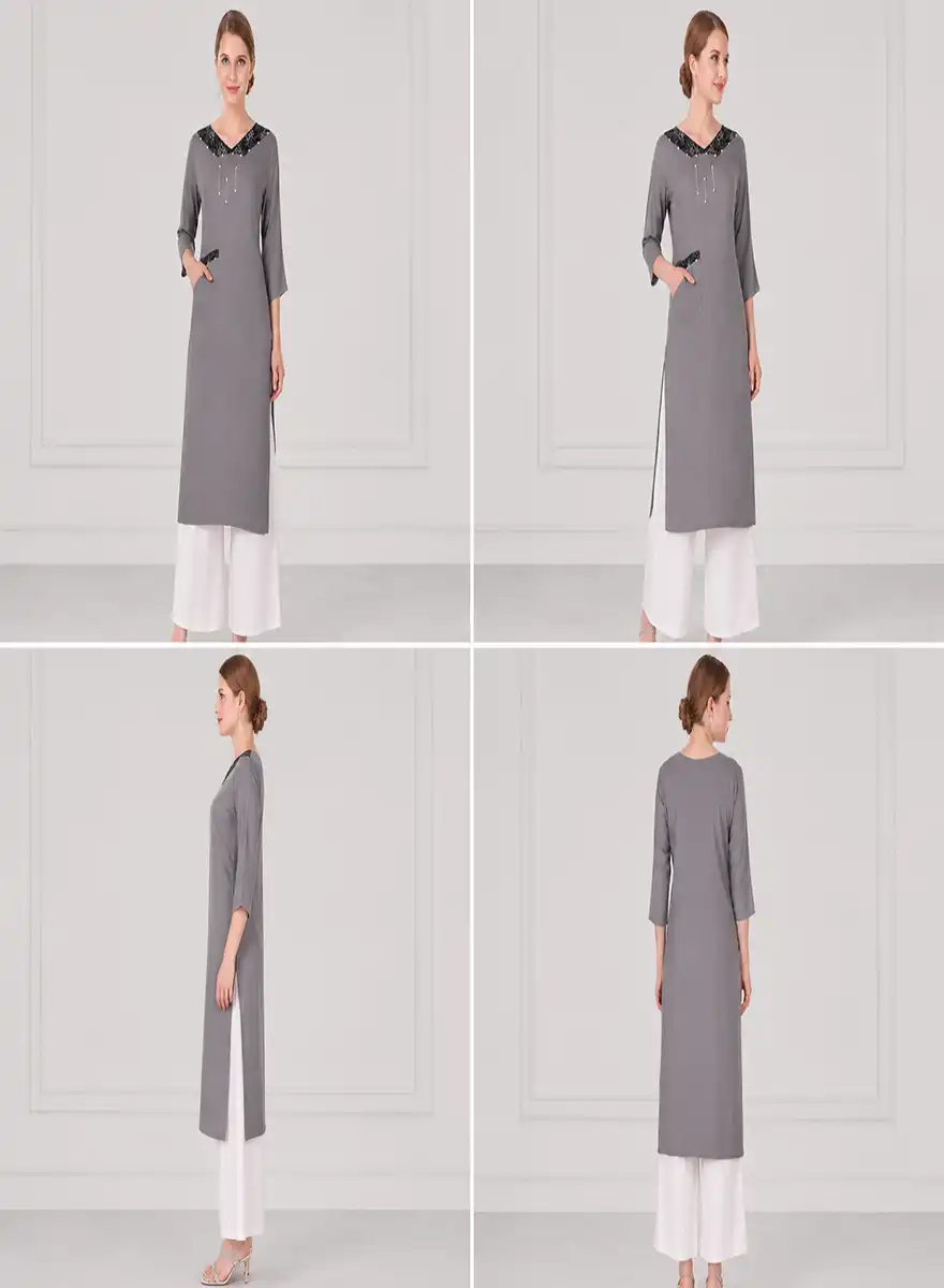 Elegant Grey Straight Kurti with Black Embellished V-Neckline - Image 5