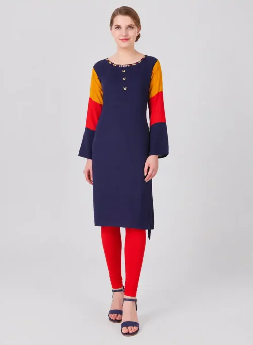 Navy Blue Color Block Designer Kurti with Contrast Sleeves