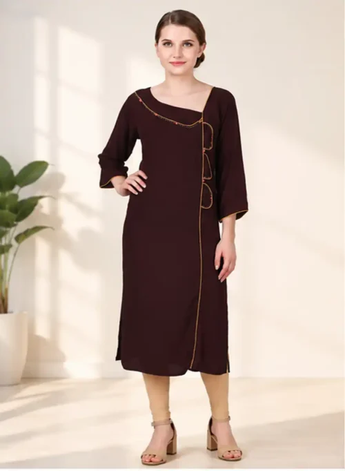Dark Brown Straight Kurti with Asymmetric Neckline & Contrast Piping
