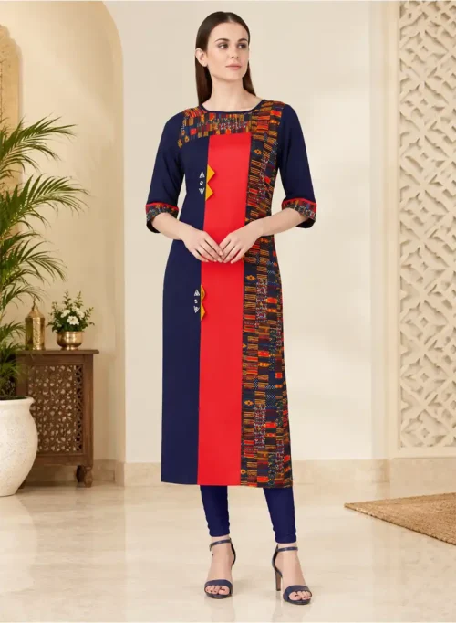 Navy Blue & Red Printed Straight Kurti with 3/4 Sleeves