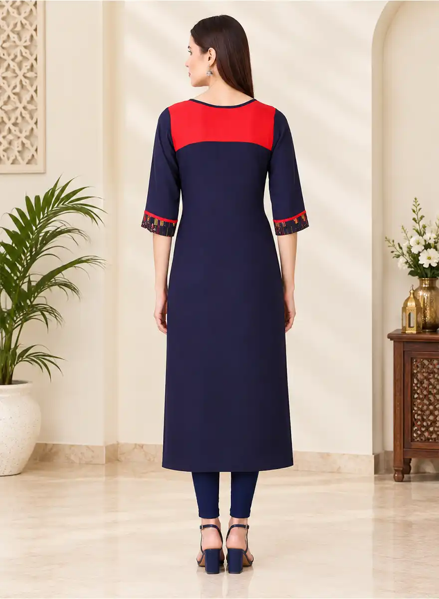 Navy Blue & Red Printed Straight Kurti with 3/4 Sleeves - Image 3