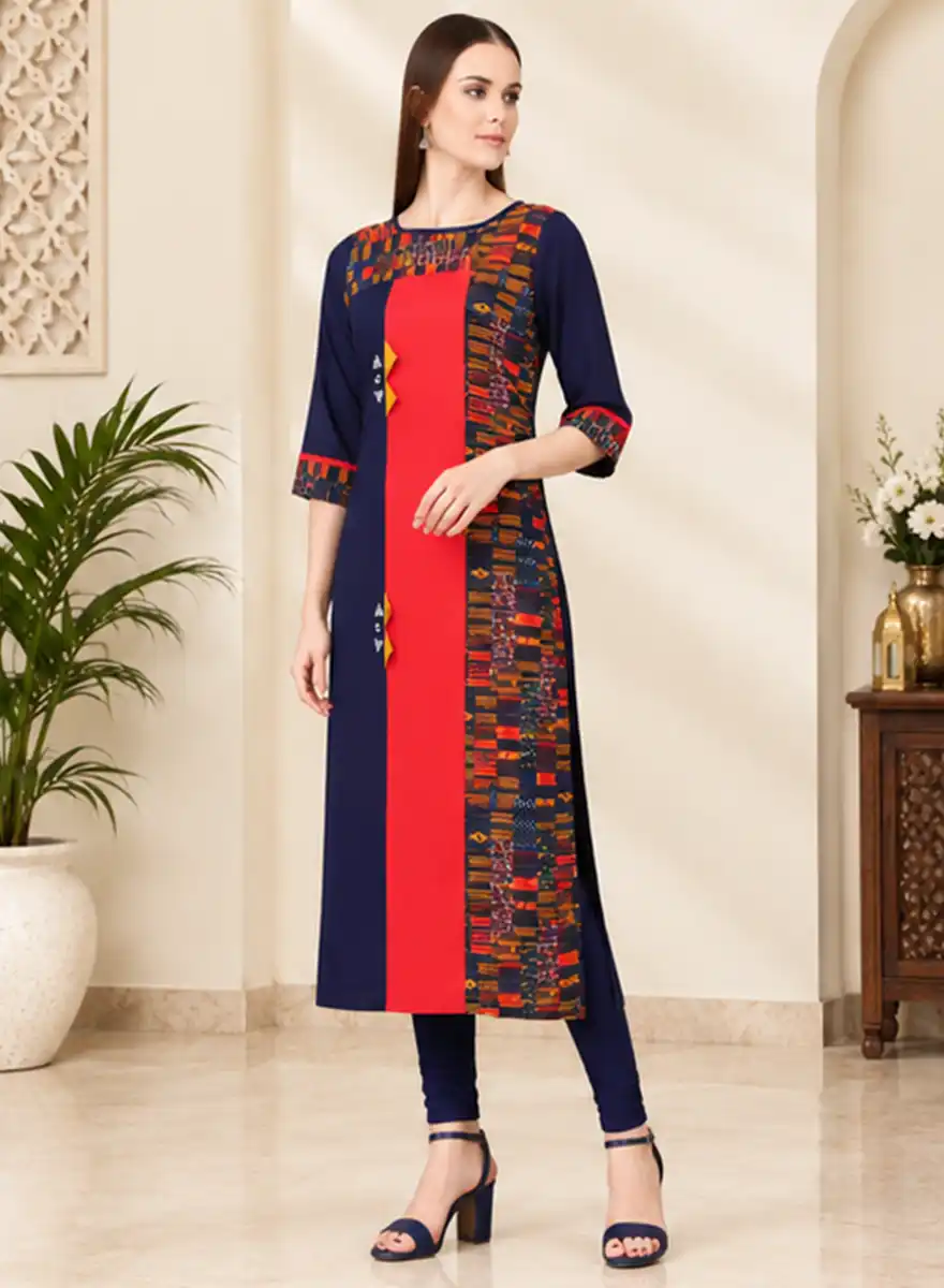 Navy Blue & Red Printed Straight Kurti with 3/4 Sleeves - Image 2