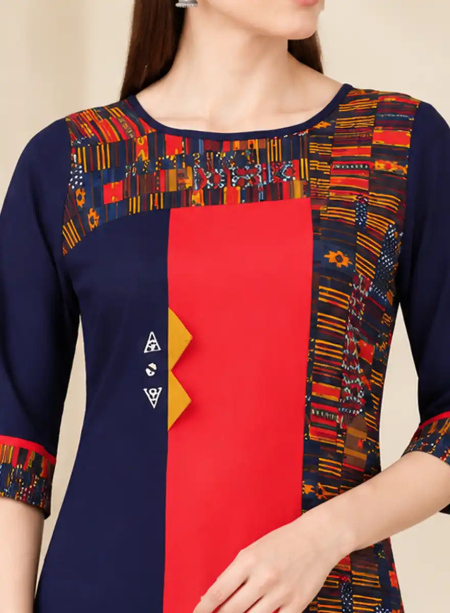 Navy Blue & Red Printed Straight Kurti with 3/4 Sleeves - Image 4