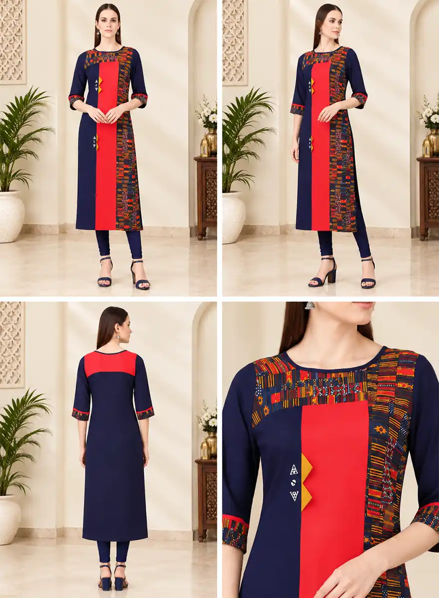 Navy Blue & Red Printed Straight Kurti with 3/4 Sleeves - Image 5