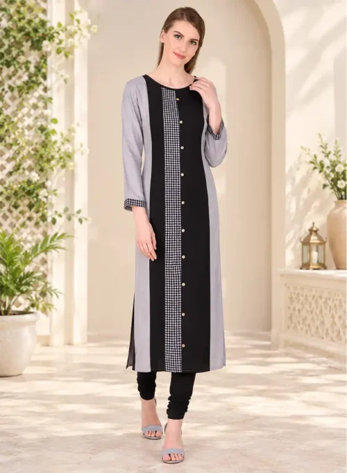Grey & Black Straight Kurti with Checked Detailing