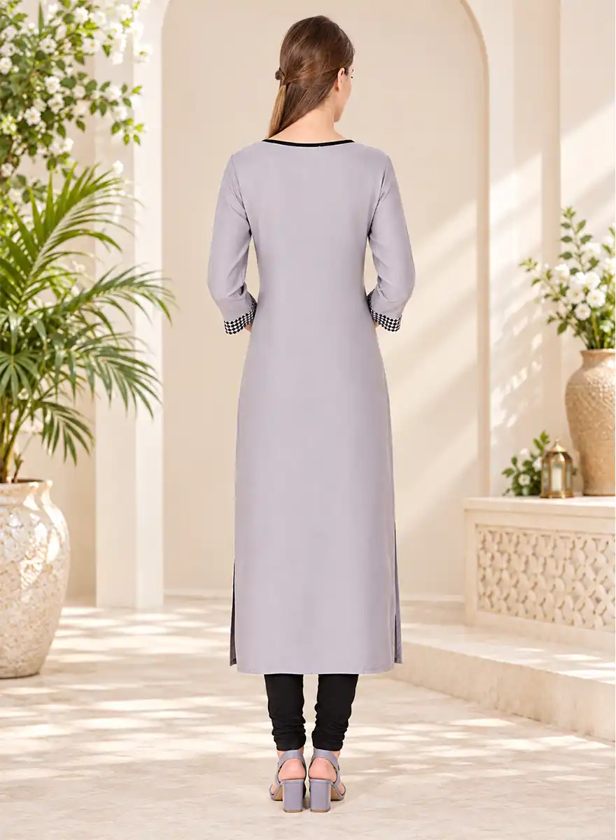 Grey & Black Straight Kurti with Checked Detailing - Image 3