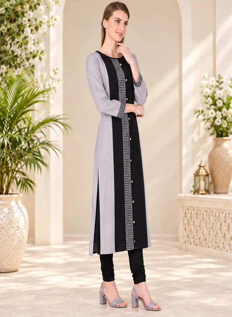 Grey & Black Straight Kurti with Checked Detailing - Image 2