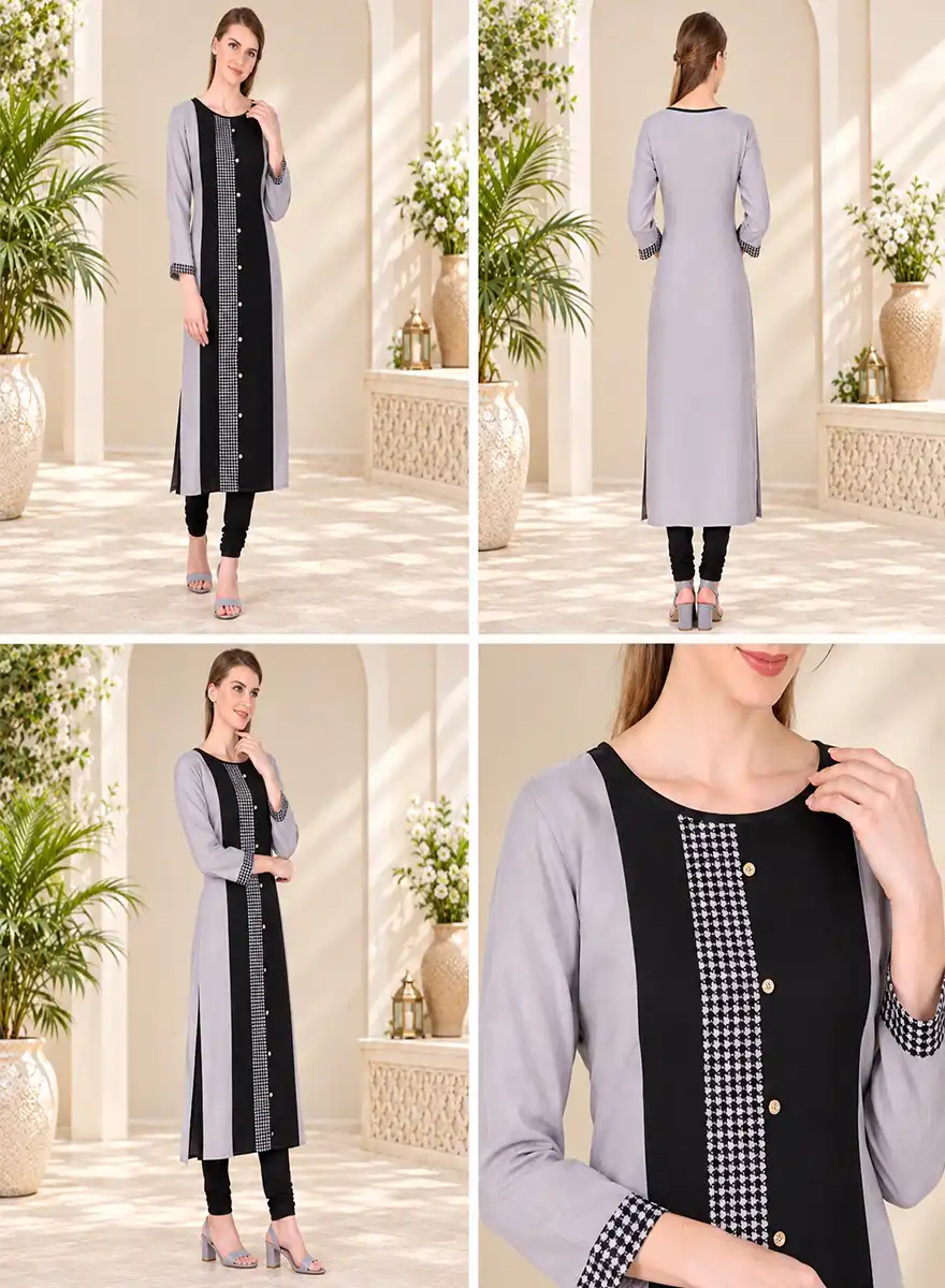 Grey & Black Straight Kurti with Checked Detailing - Image 4