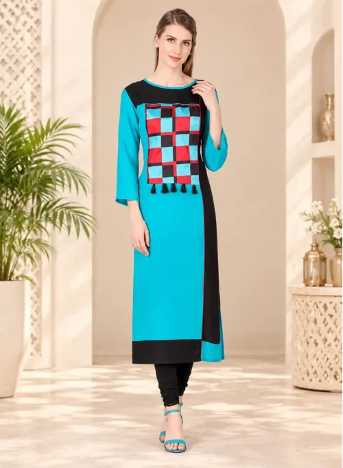 Turquoise Blue & Black Designer Straight Kurti with Checkered Panel