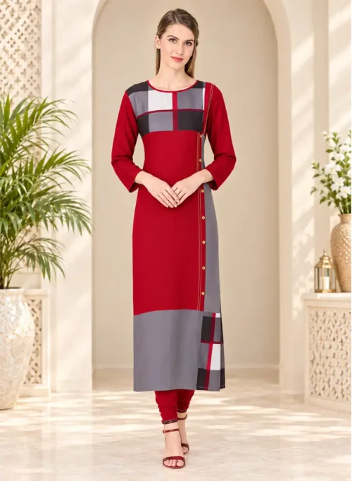 Designer Straight Kurti with Geometric Checkered Yoke