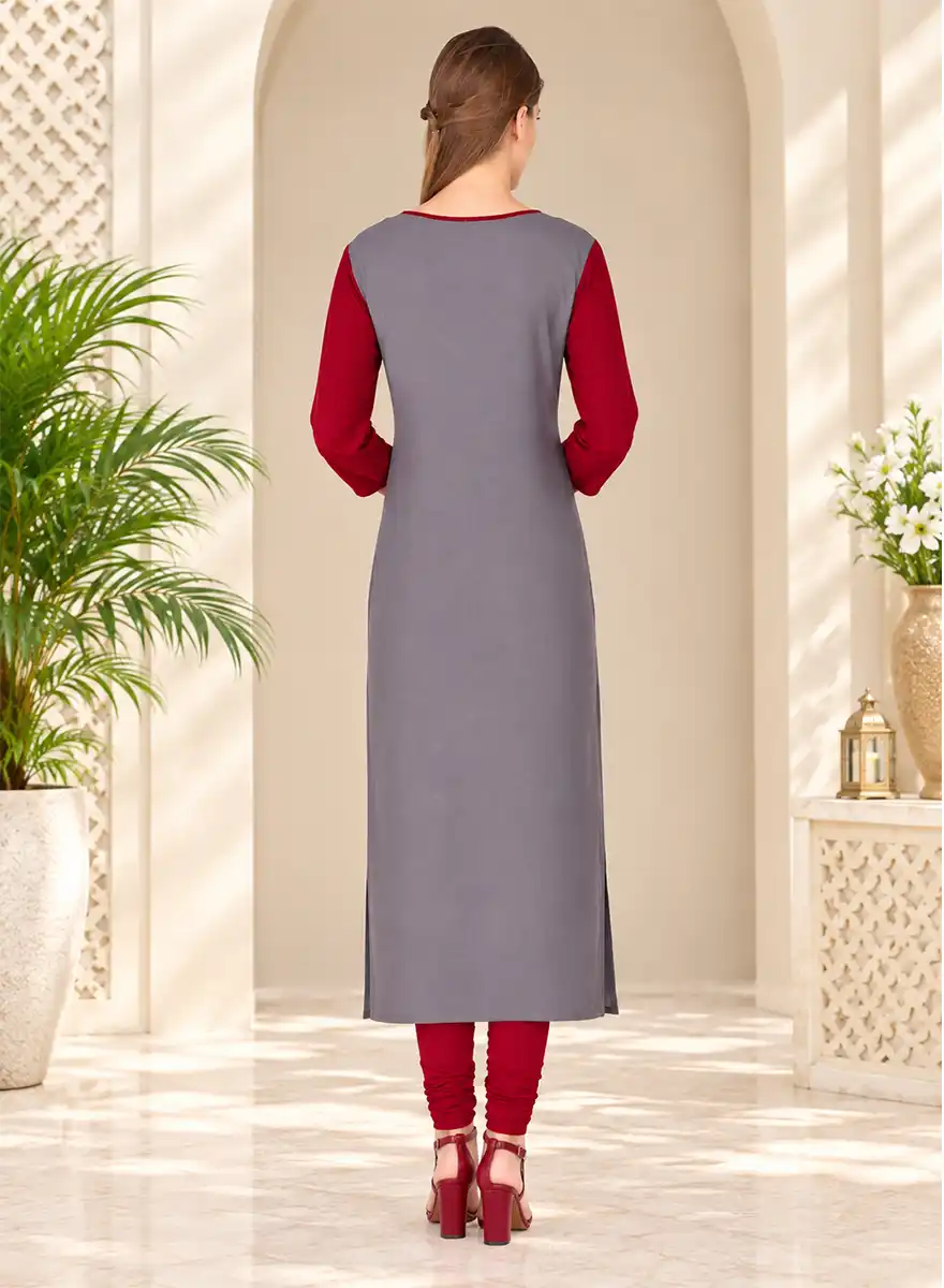 Designer Straight Kurti with Geometric Checkered Yoke - Image 3