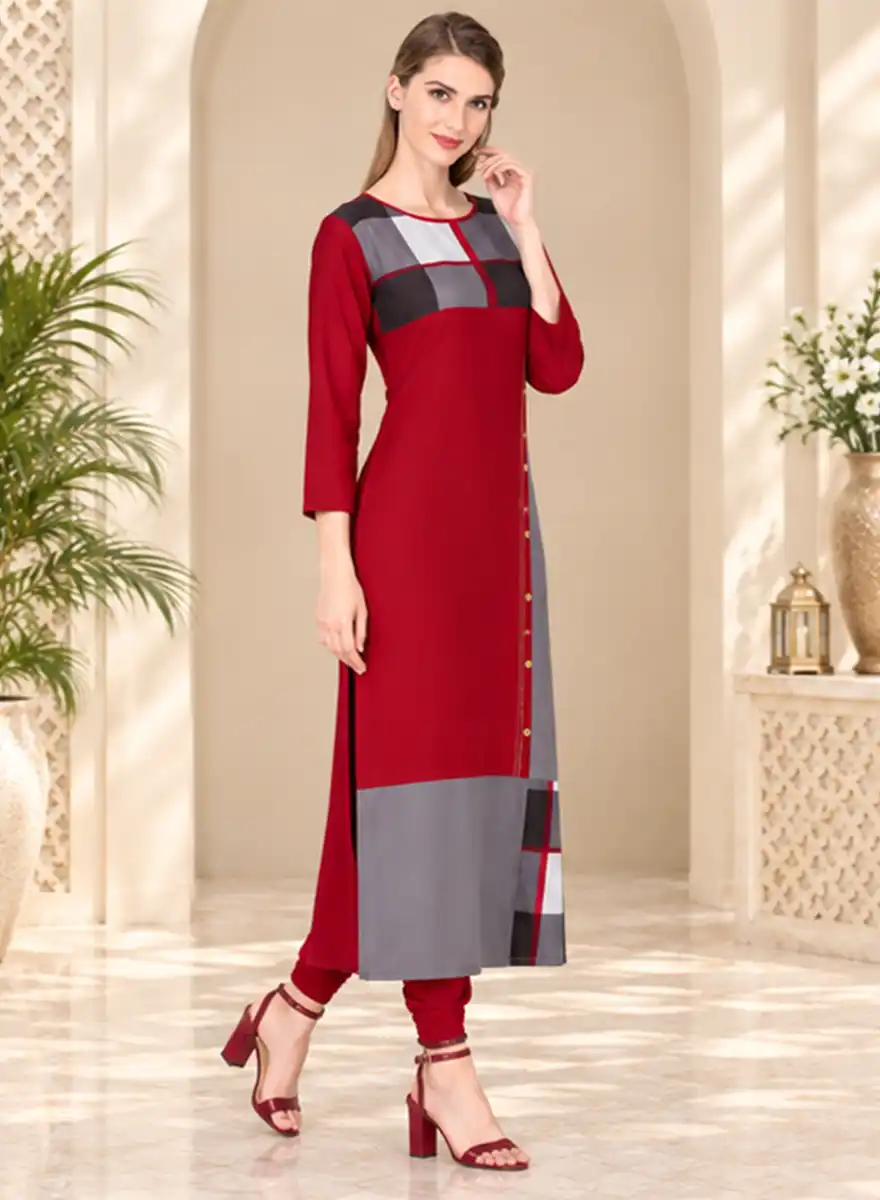 Designer Straight Kurti with Geometric Checkered Yoke - Image 2