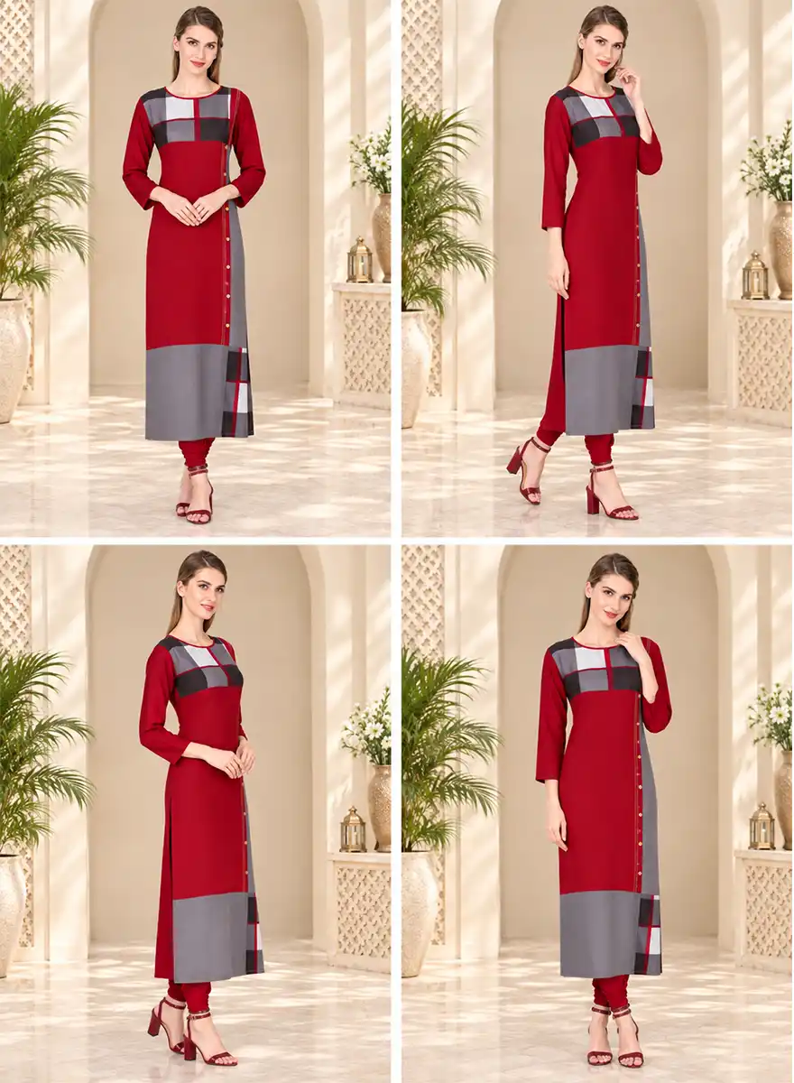 Designer Straight Kurti with Geometric Checkered Yoke - Image 4