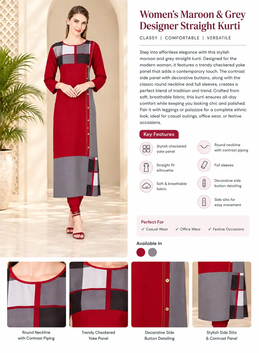 Designer Straight Kurti with Geometric Checkered Yoke - Image 5