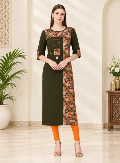 Olive Green Printed Panel Straight Kurti with 3/4 Sleeves