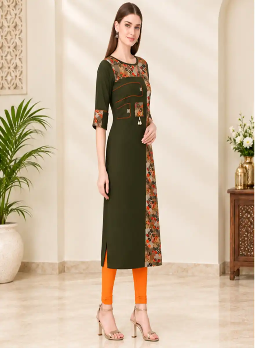 Olive Green Printed Panel Straight Kurti with 3/4 Sleeves - Image 2