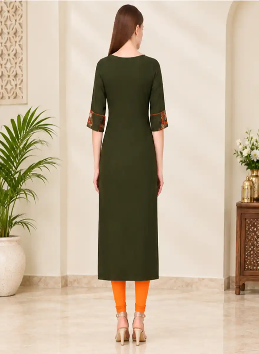 Olive Green Printed Panel Straight Kurti with 3/4 Sleeves - Image 4