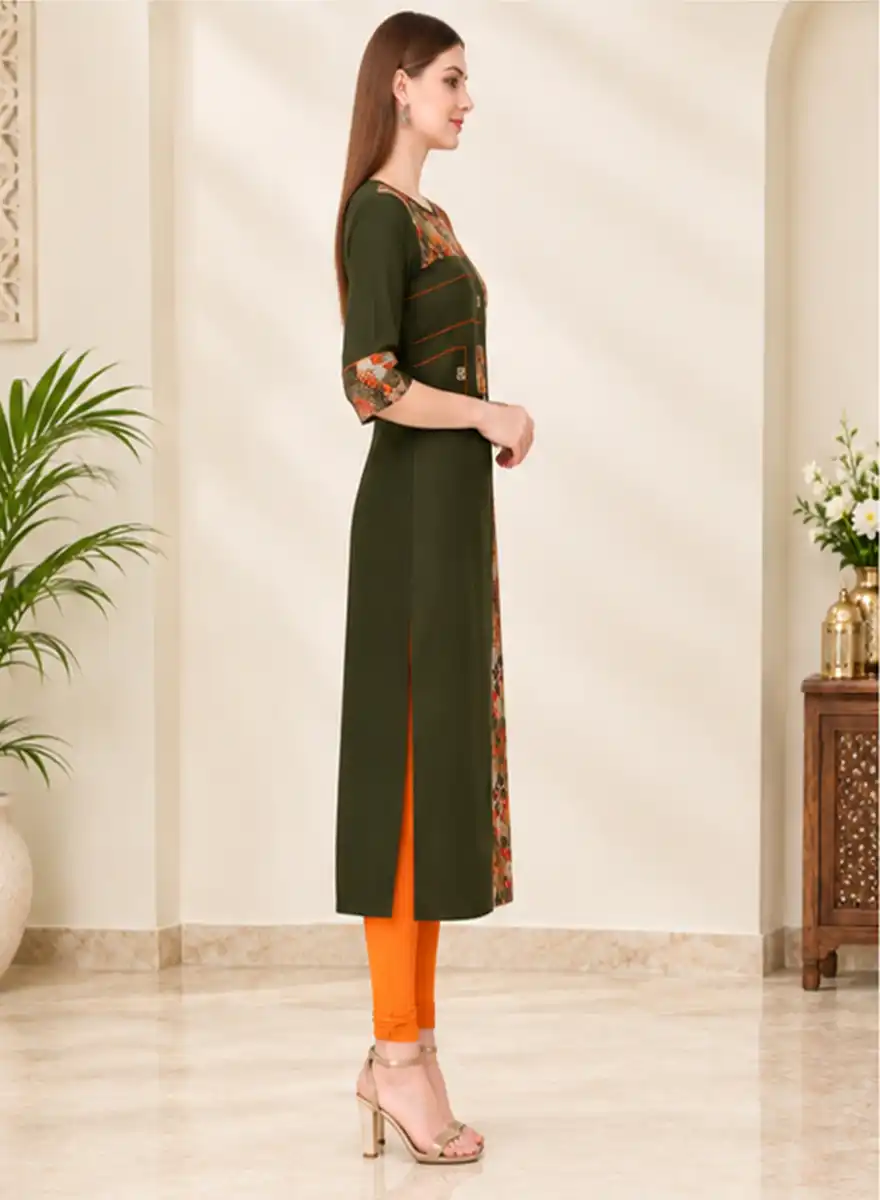 Olive Green Printed Panel Straight Kurti with 3/4 Sleeves - Image 3
