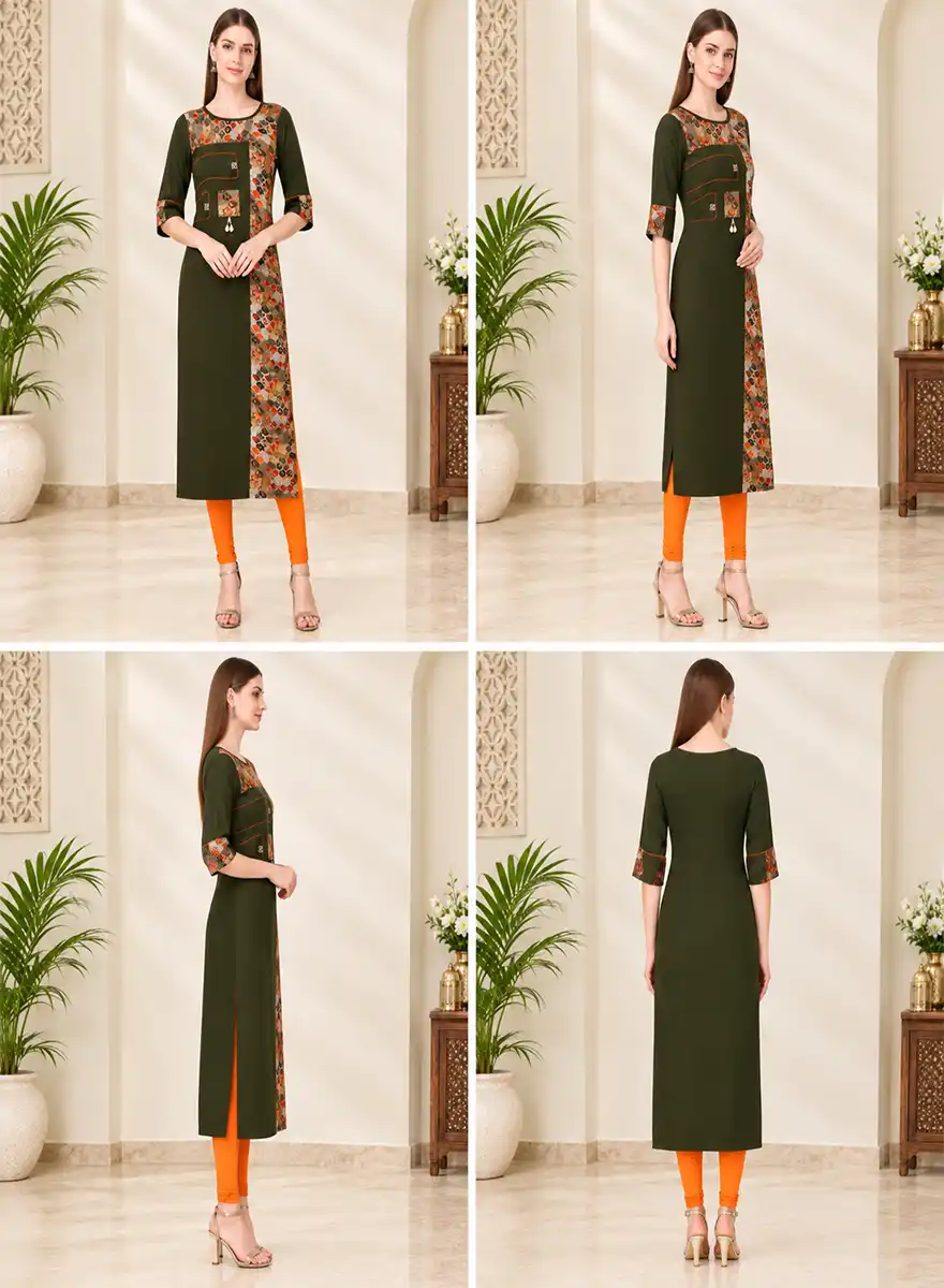 Olive Green Printed Panel Straight Kurti with 3/4 Sleeves - Image 5