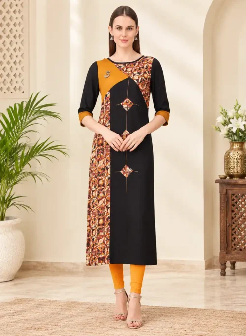 Black & Mustard Printed Panel Straight Kurti with 3/4 Sleeves