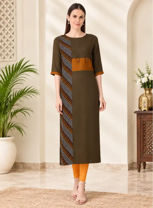 Olive Green Printed Panel Straight Kurti