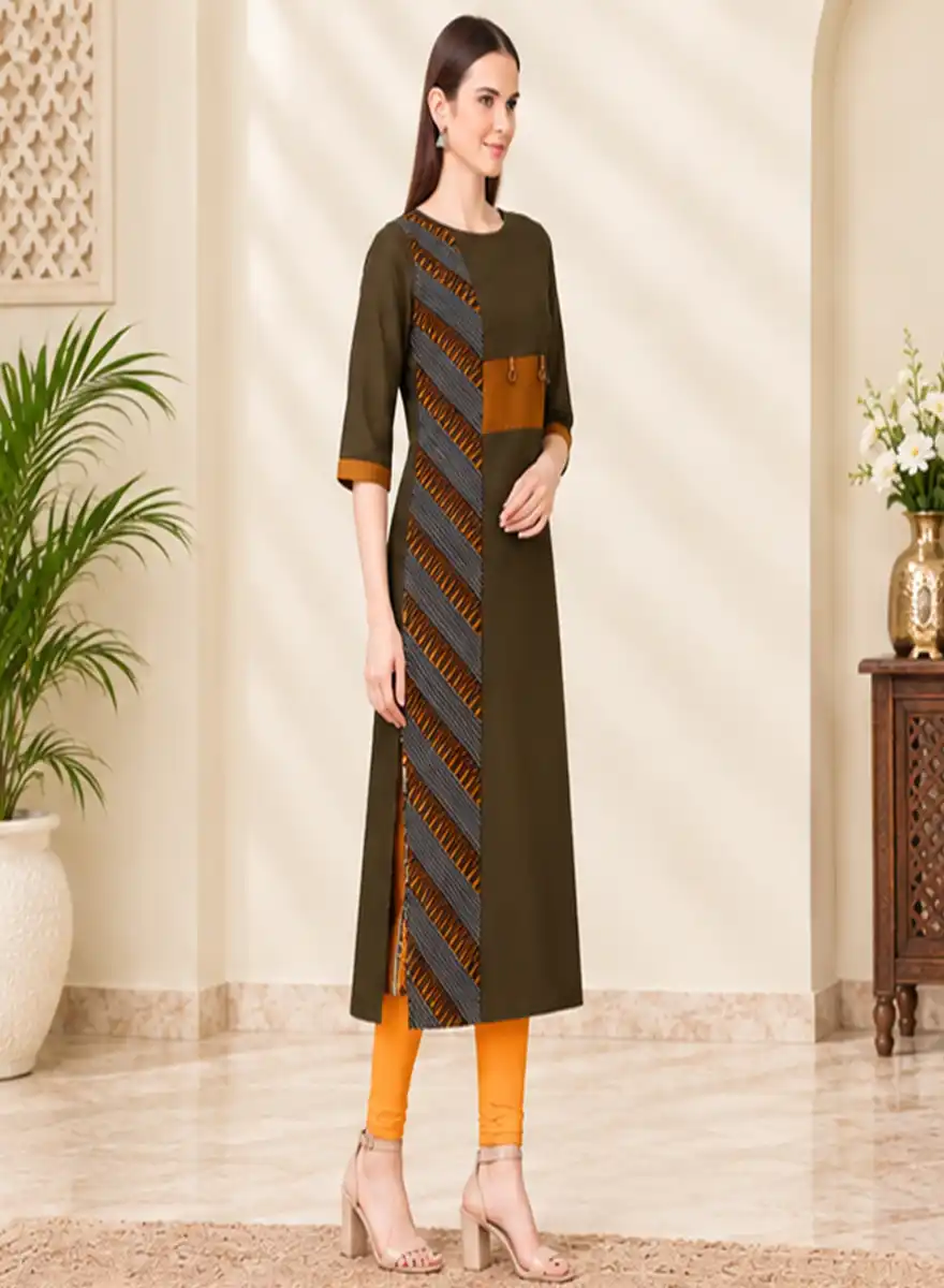 Olive Green Printed Panel Straight Kurti - Image 2