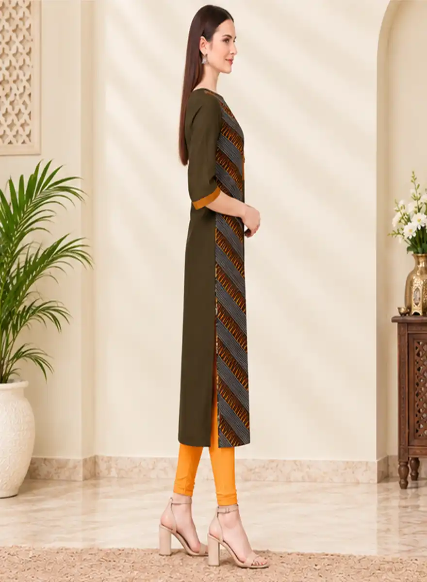 Olive Green Printed Panel Straight Kurti - Image 3