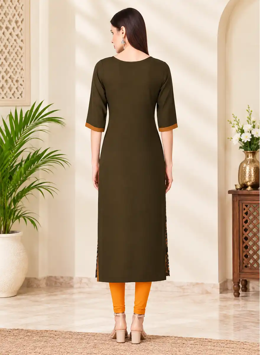 Olive Green Printed Panel Straight Kurti - Image 4