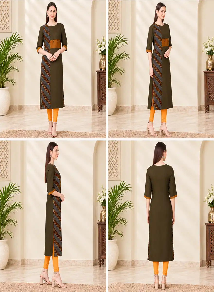 Olive Green Printed Panel Straight Kurti - Image 5