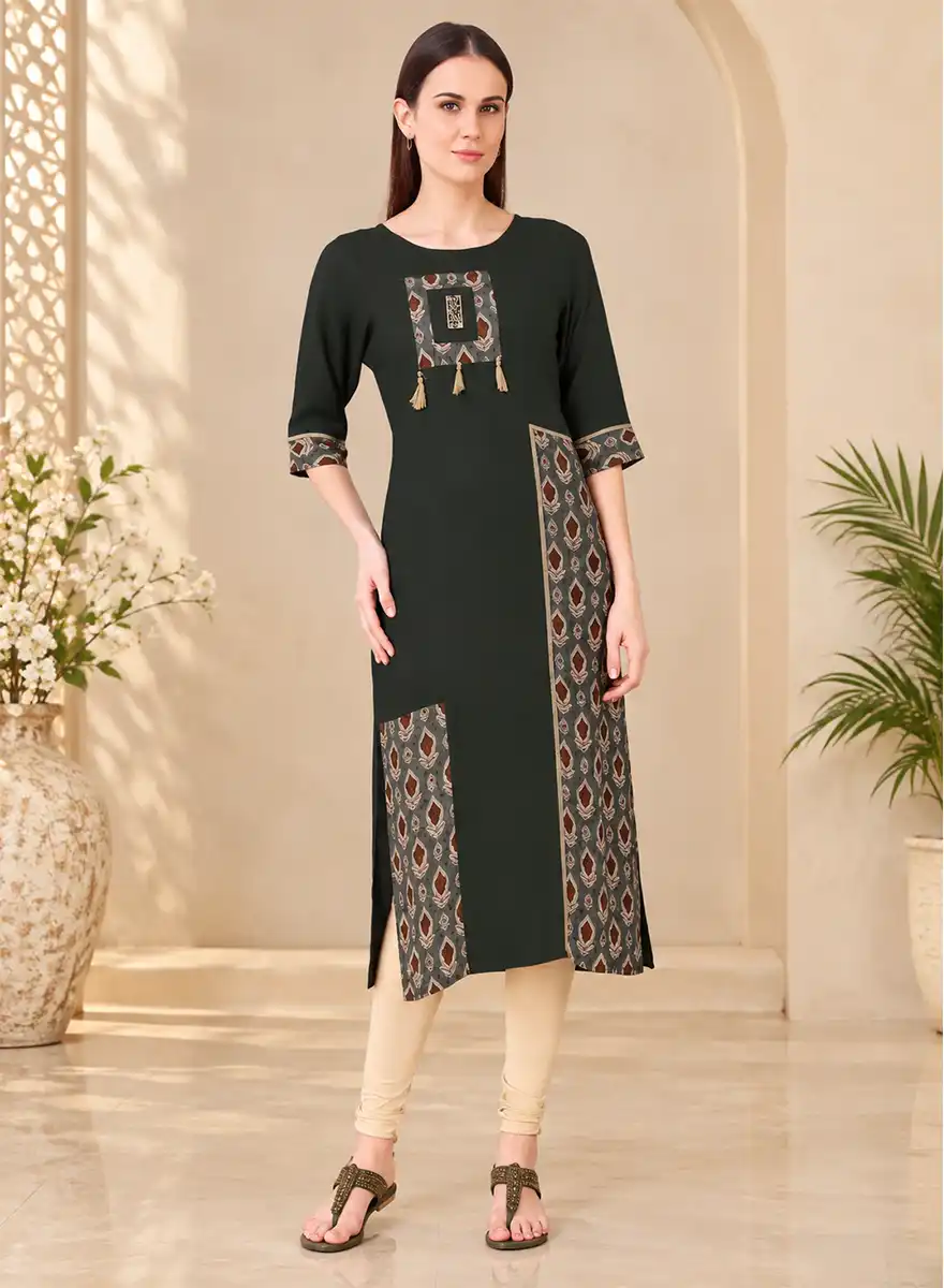 Women’s Dark Green Printed Panel Straight Kurti