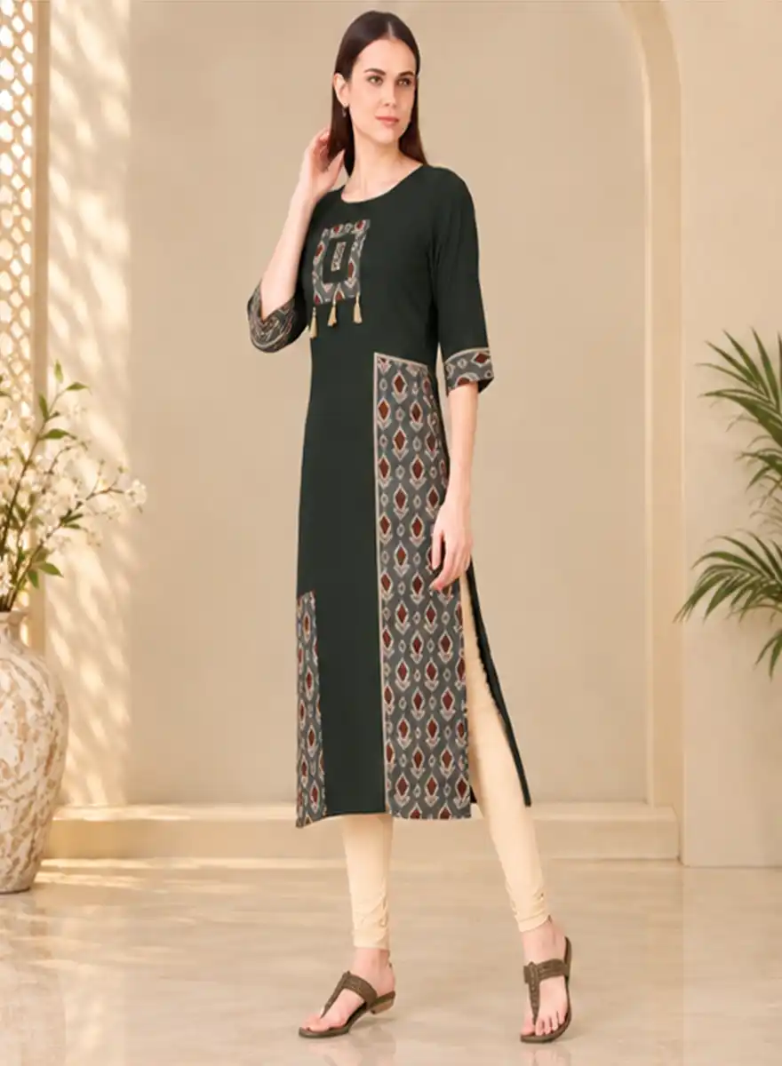 Women’s Dark Green Printed Panel Straight Kurti - Image 2