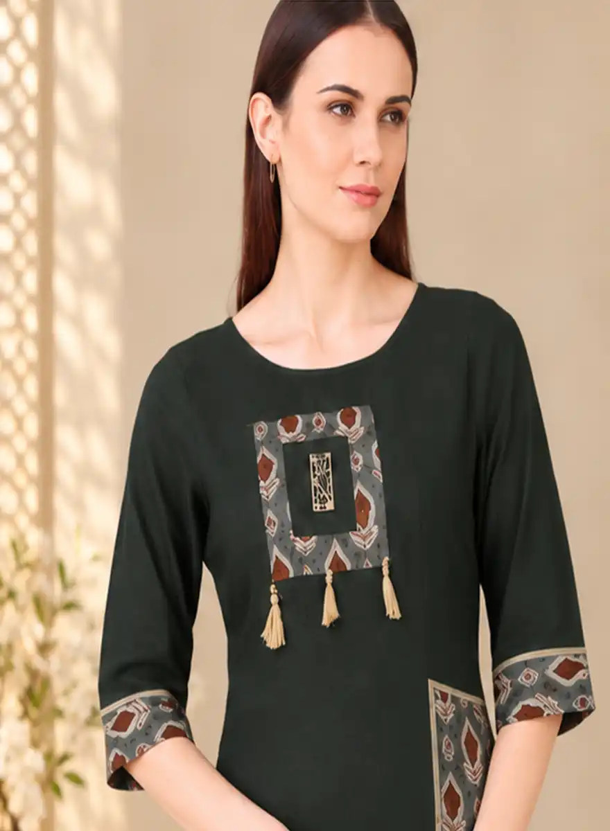 Women’s Dark Green Printed Panel Straight Kurti - Image 4
