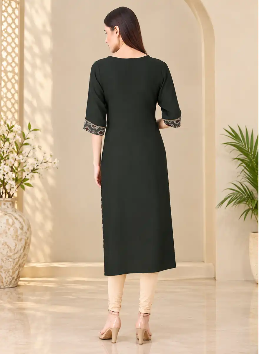 Women’s Dark Green Printed Panel Straight Kurti - Image 3