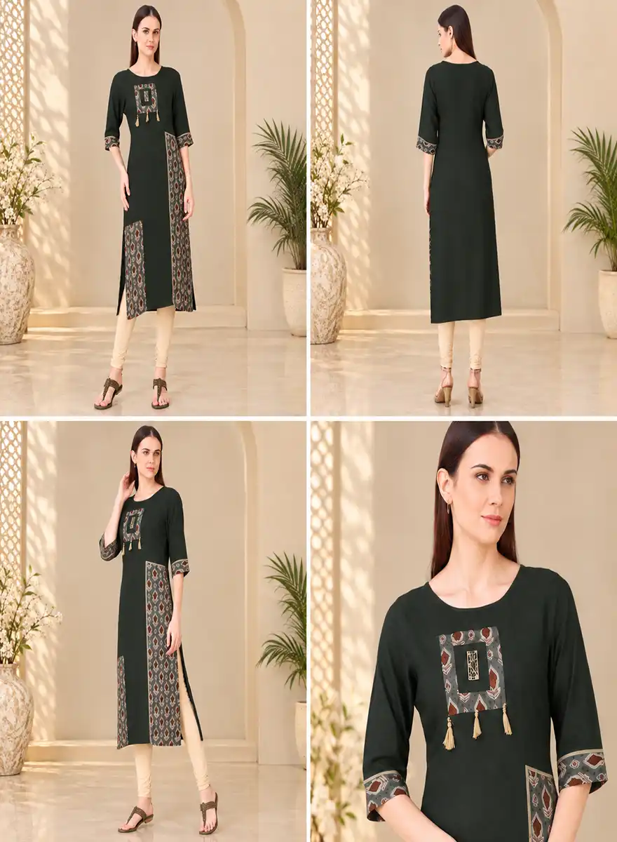 Women’s Dark Green Printed Panel Straight Kurti - Image 5
