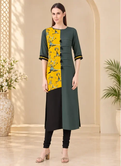 Olive Green & Mustard Yellow Printed Straight Kurti with Black Accents