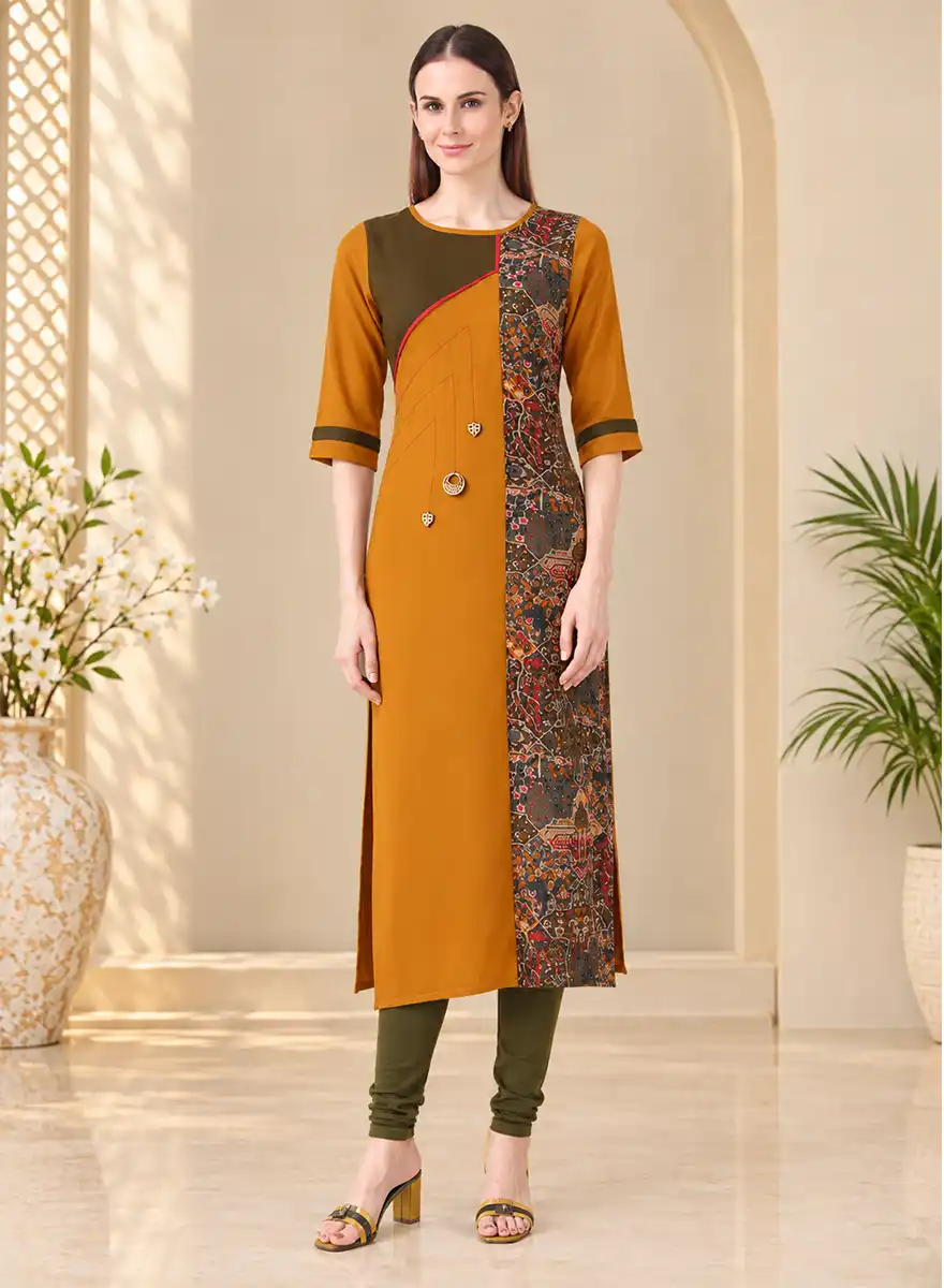 Mustard & Olive Green Printed Straight Kurti