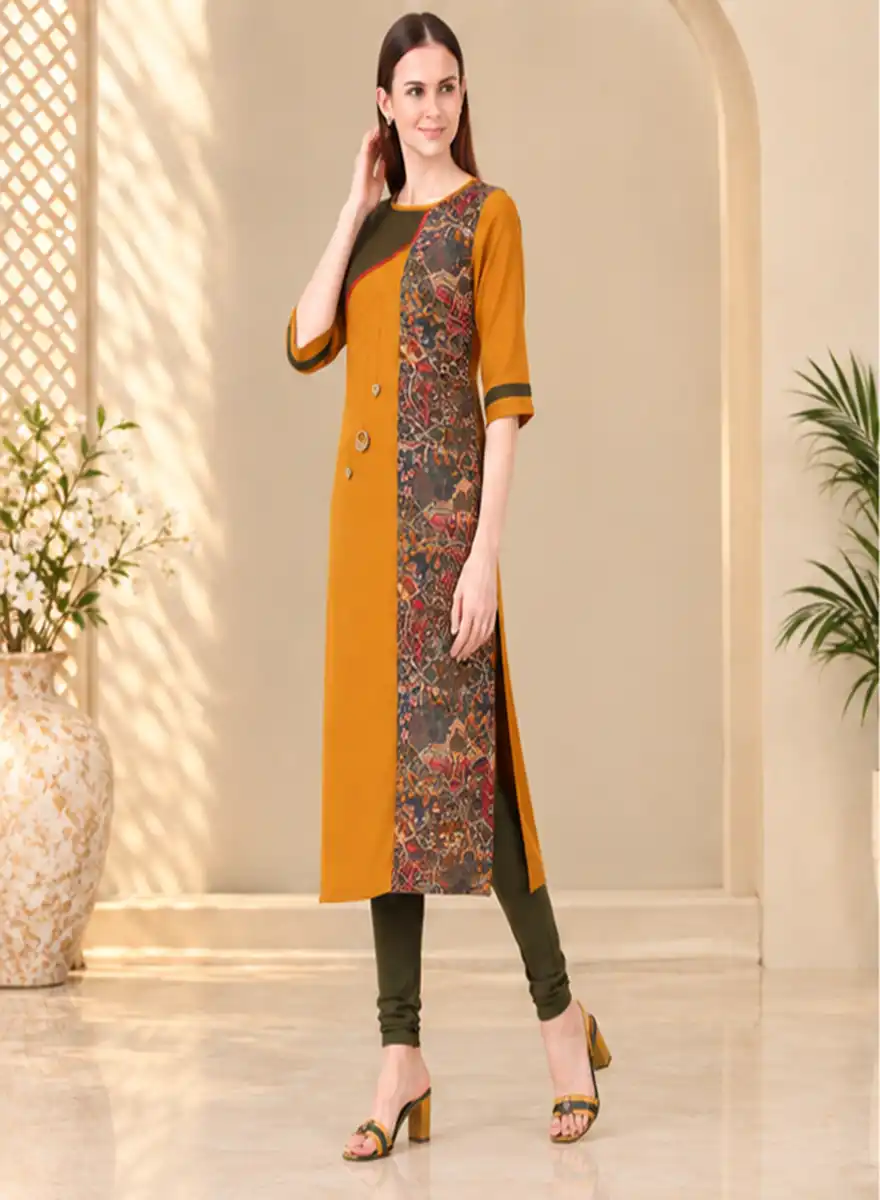 Mustard & Olive Green Printed Straight Kurti - Image 2