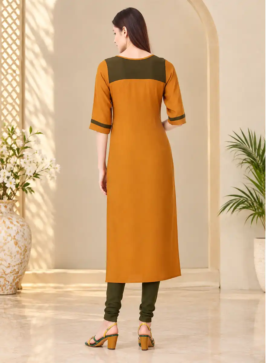 Mustard & Olive Green Printed Straight Kurti - Image 3