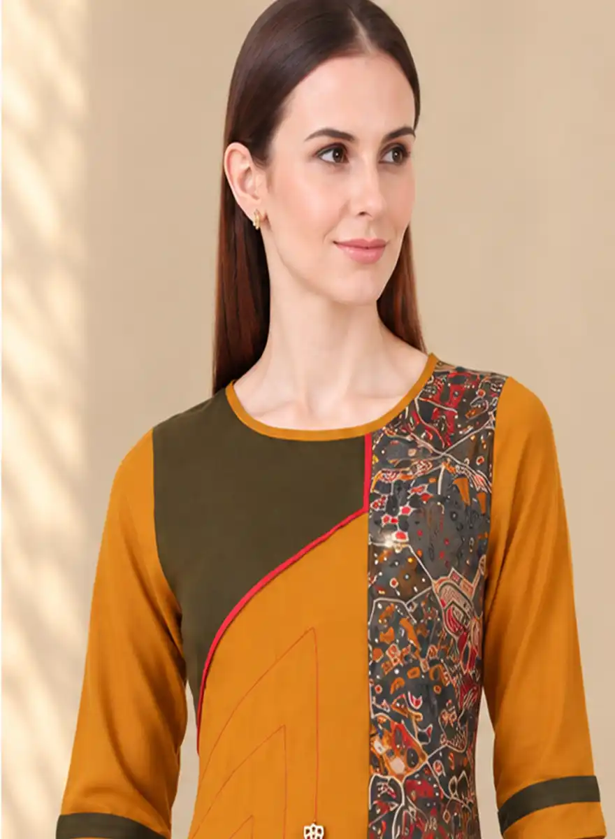 Mustard & Olive Green Printed Straight Kurti - Image 4
